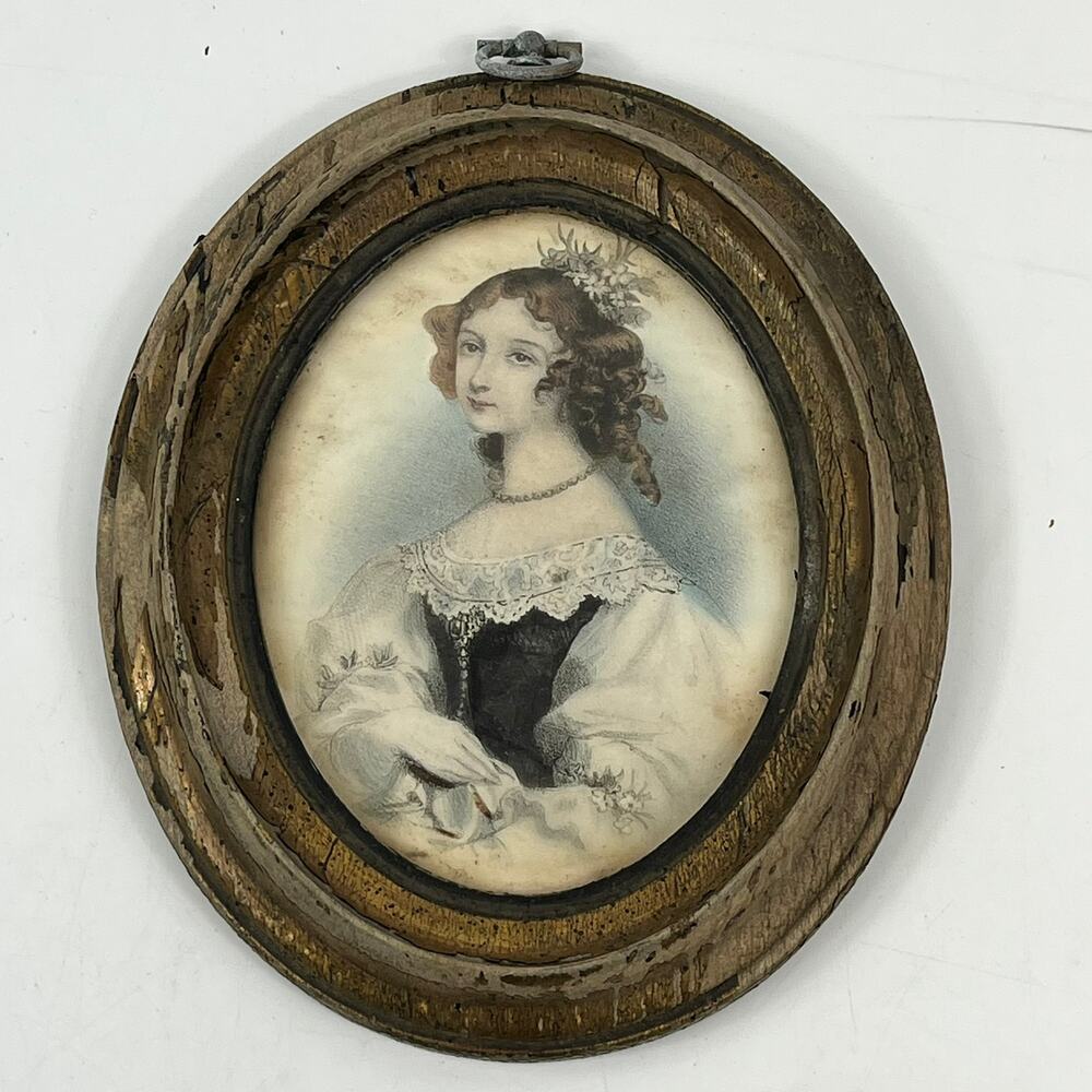 Antique Victorian Oval Portrait Print Woman Wood Gilt Frame Mid 19th Century Art